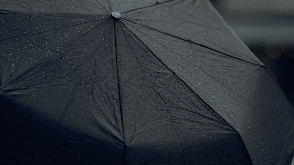 雨粒のついた黒い傘のアップ