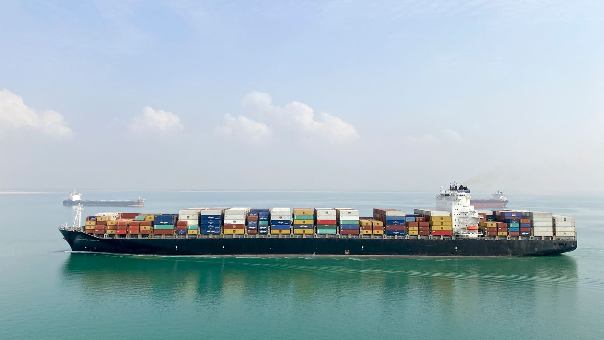 穏やかな海を進む、コンテナを積んだ大型の貨物船
